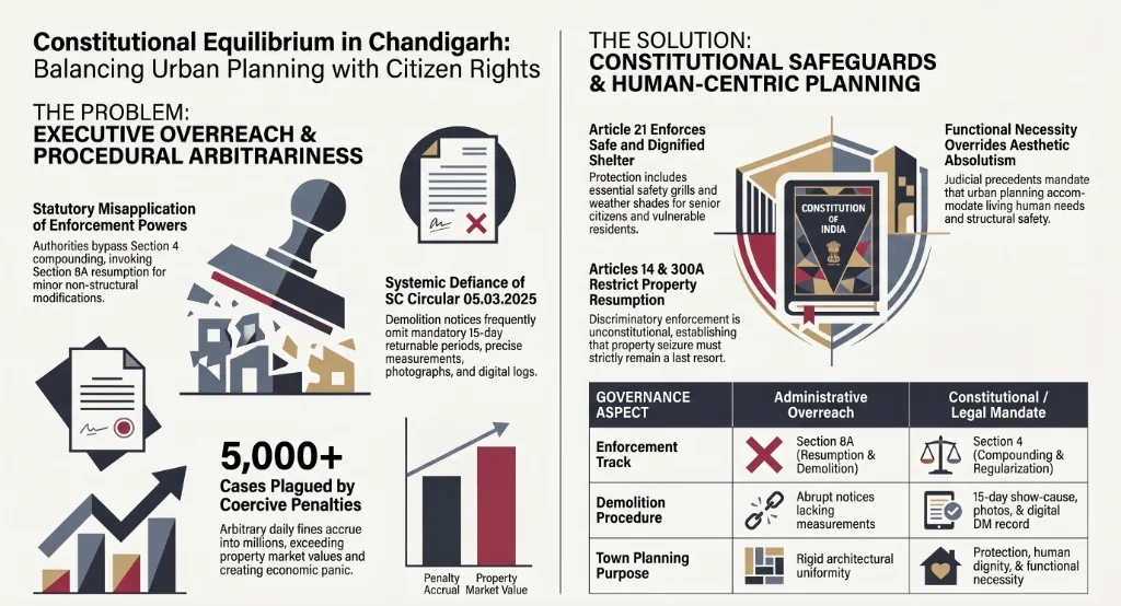Constitutional Equilibrium in Chandigarh Infographic: Executive Overreach vs Constitutional Safeguards, Article 21 Shelter, Section 8A Resumption vs Section 4 Compounding
