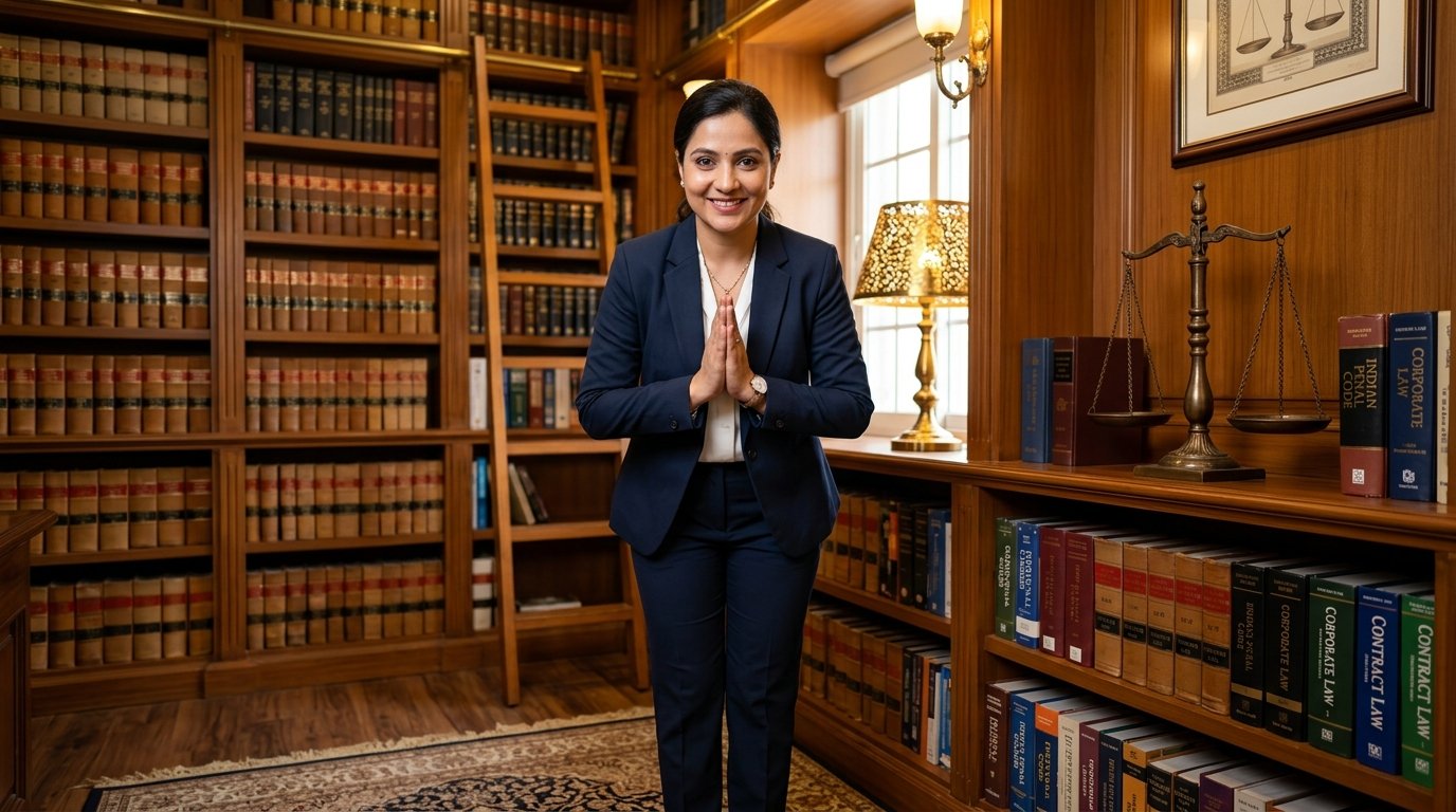 Prime Lawyers Support Assistant Standing Folding Hands Namaste Posture Respectful Legal Desk