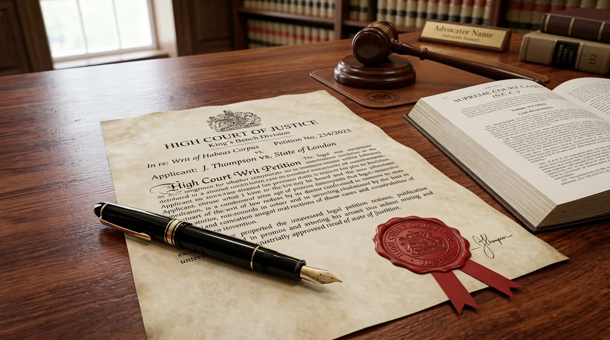 3D render of High Court writ petition parchment, red wax seal, fountain pen, and law reports