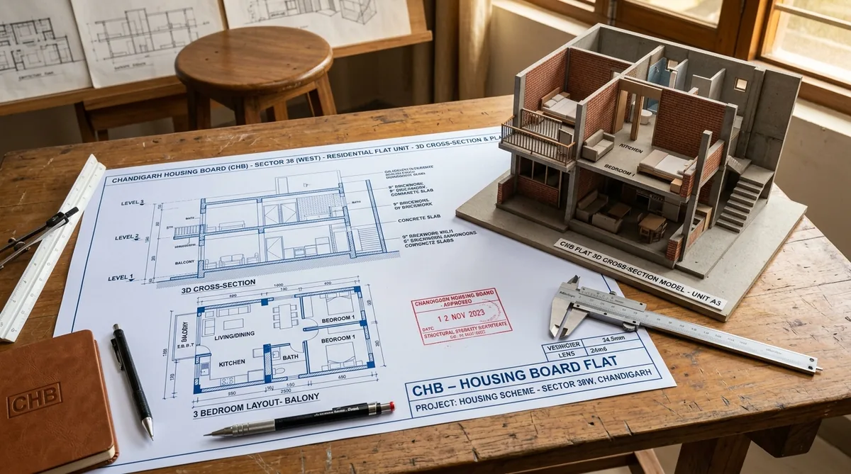 3D architectural blueprint, housing board cross-section, and structural stability certification calipers