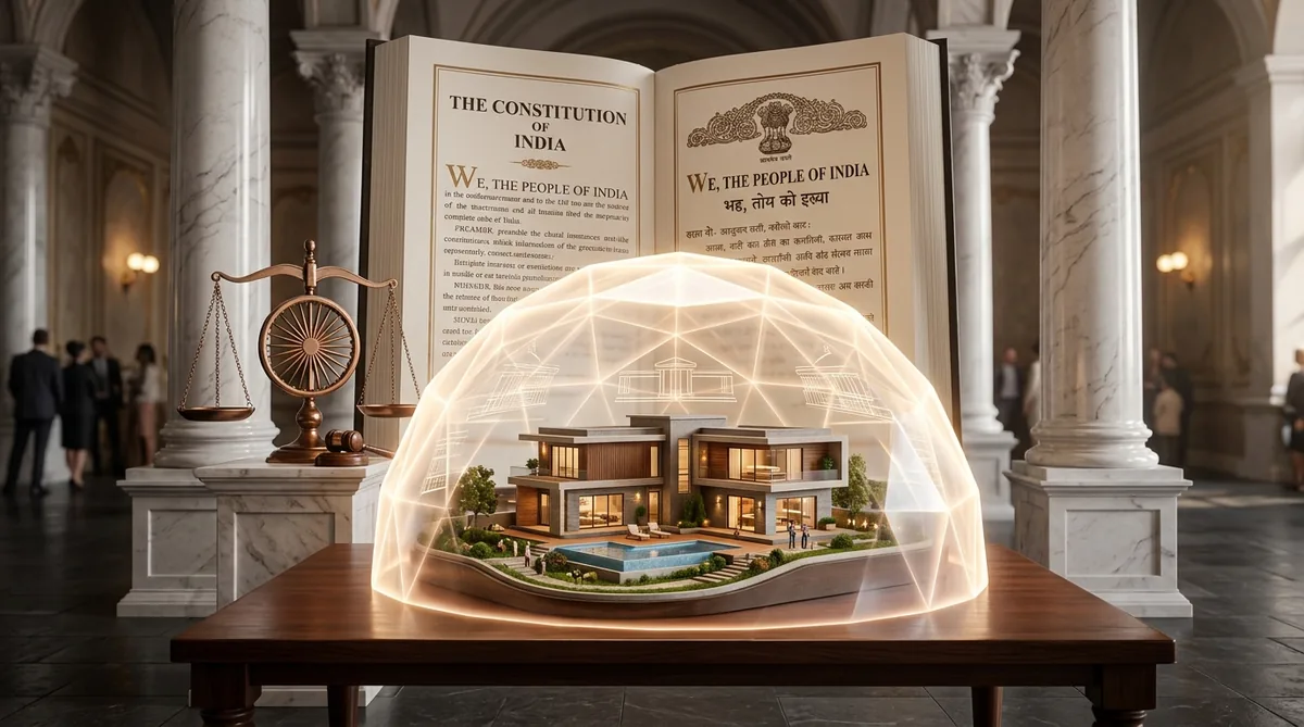 3D render of Constitution of India and protective crystal shield guarding residential property model