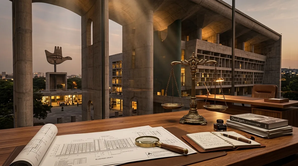 3D architectural visualization of High Court modernist architecture, scales of justice, and urban planning blueprint