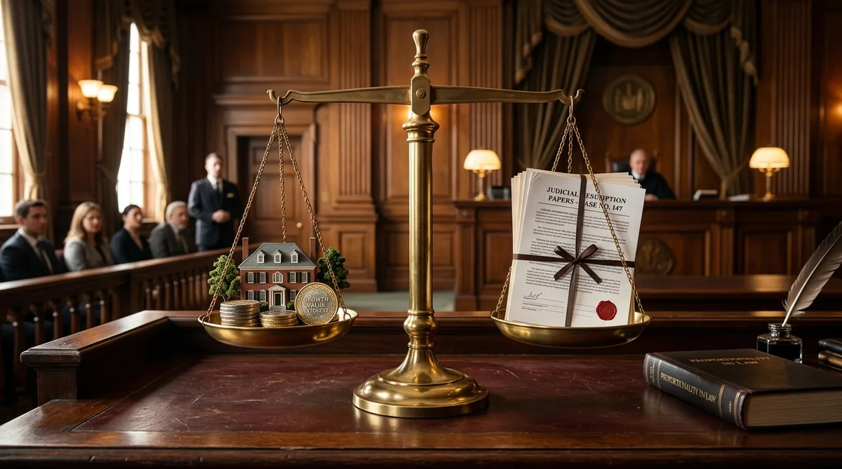 3D render of legal balance scale weighing property resumption against compounding and lesser penalties