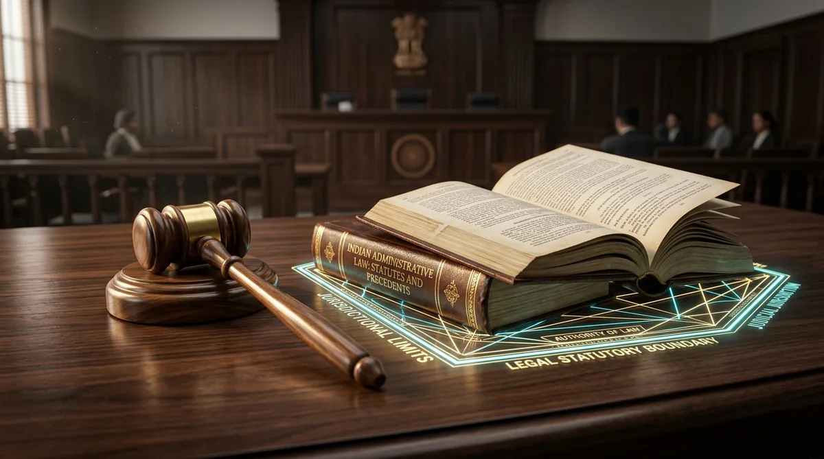 3D render of Indian administrative law treatises, gavel, and luminous statutory boundary