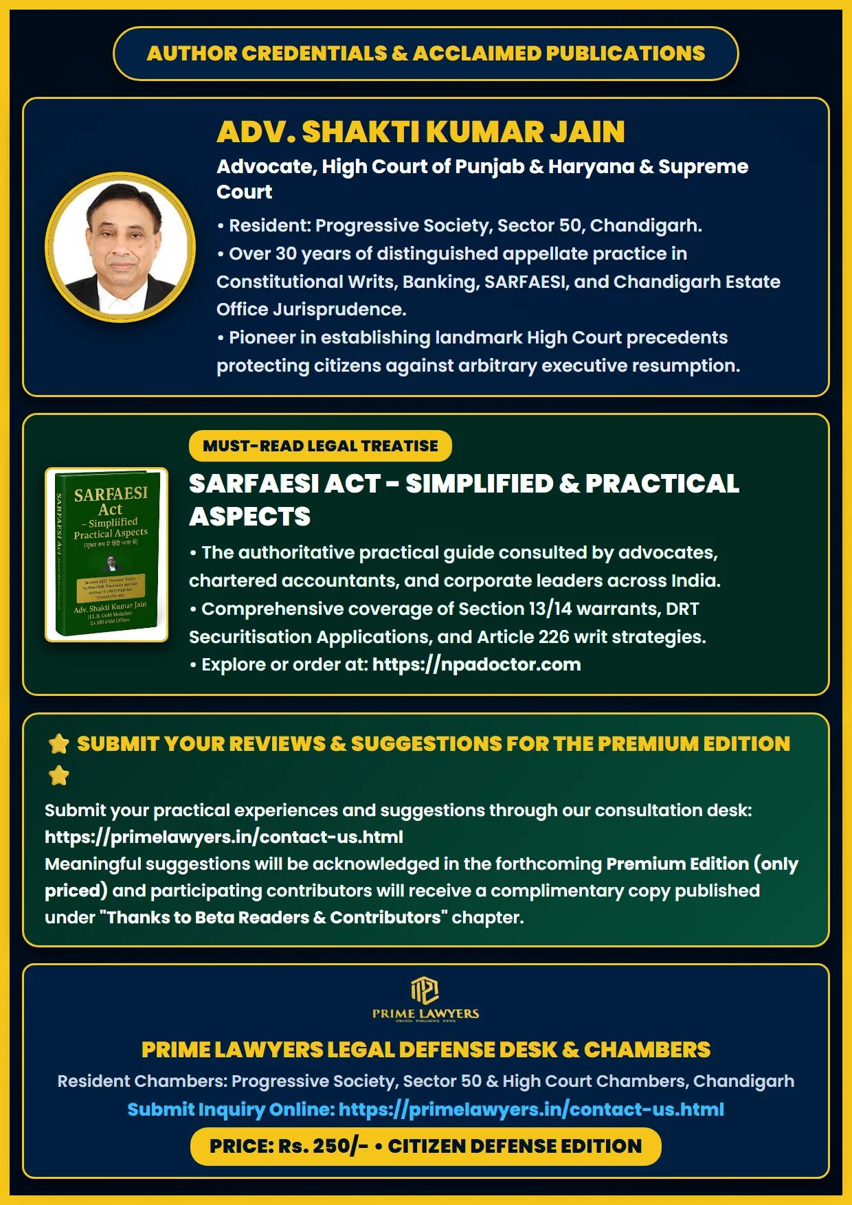 Page 28: Back Cover - Author Credentials, SARFAESI Treatise & Chambers Contact