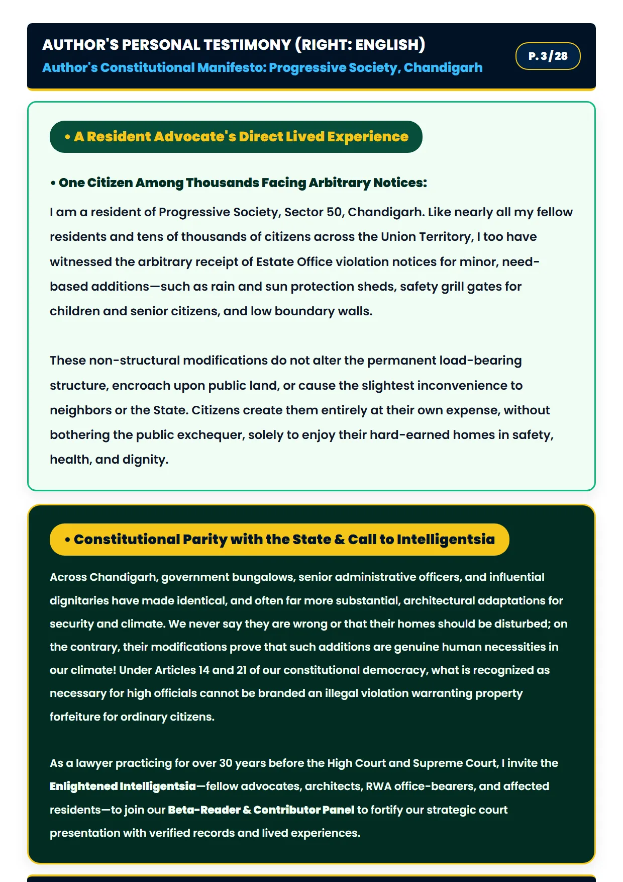 Page 3: Author's Constitutional Manifesto (English) - Progressive Society, Sector 50, Chandigarh