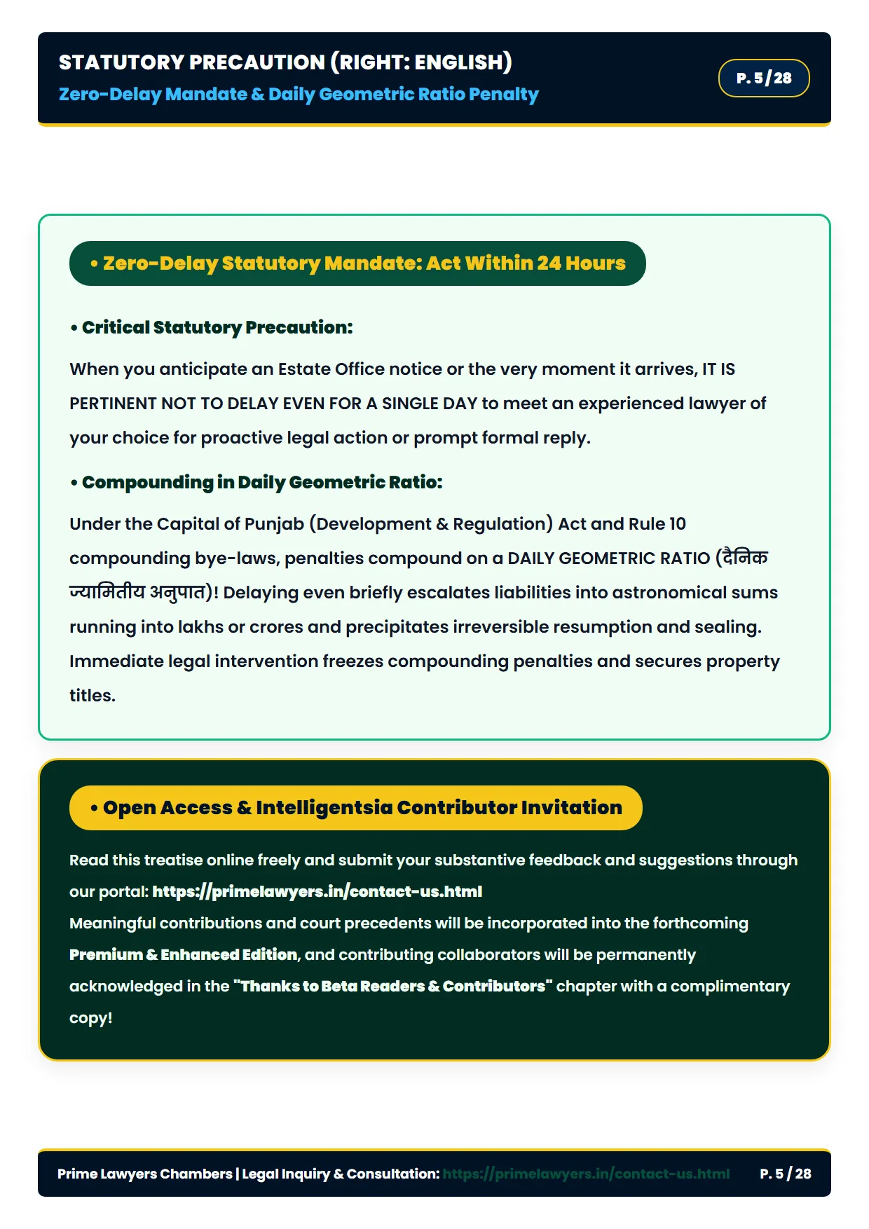 Page 5: Statutory Precaution: Zero-Delay Mandate & Daily Compounding Penalty (English)